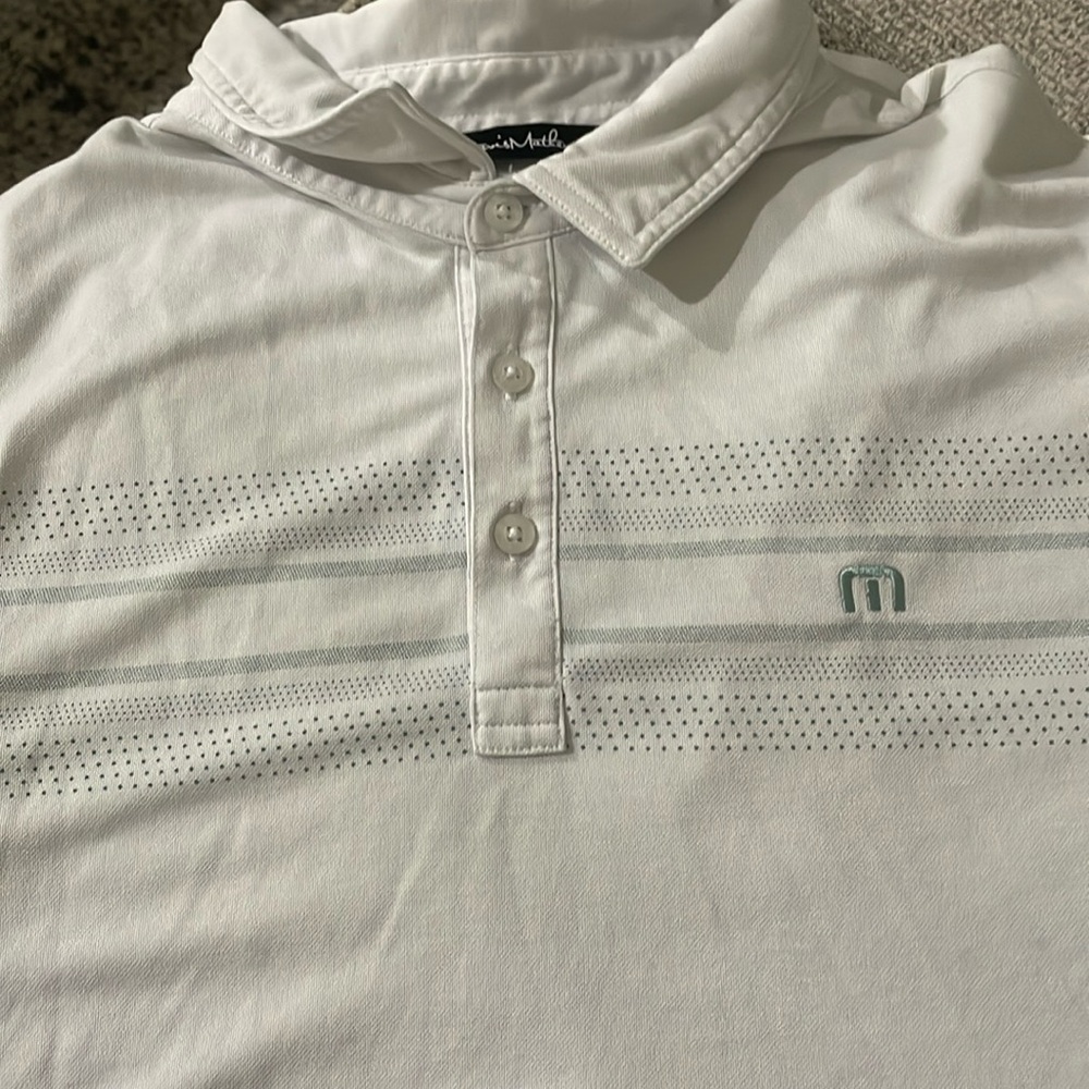 Men’s Travis Matthews polo, white with green stripe chest